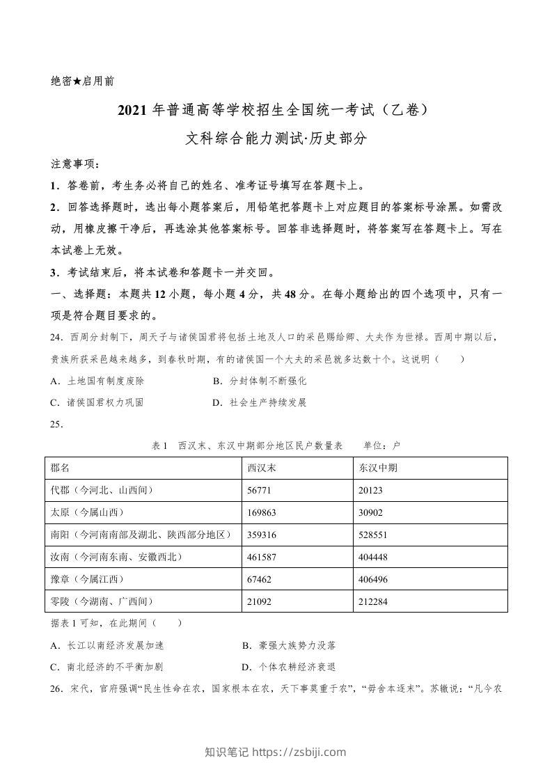 2021年高考历史试卷（全国乙卷）（空白卷）-知识笔记