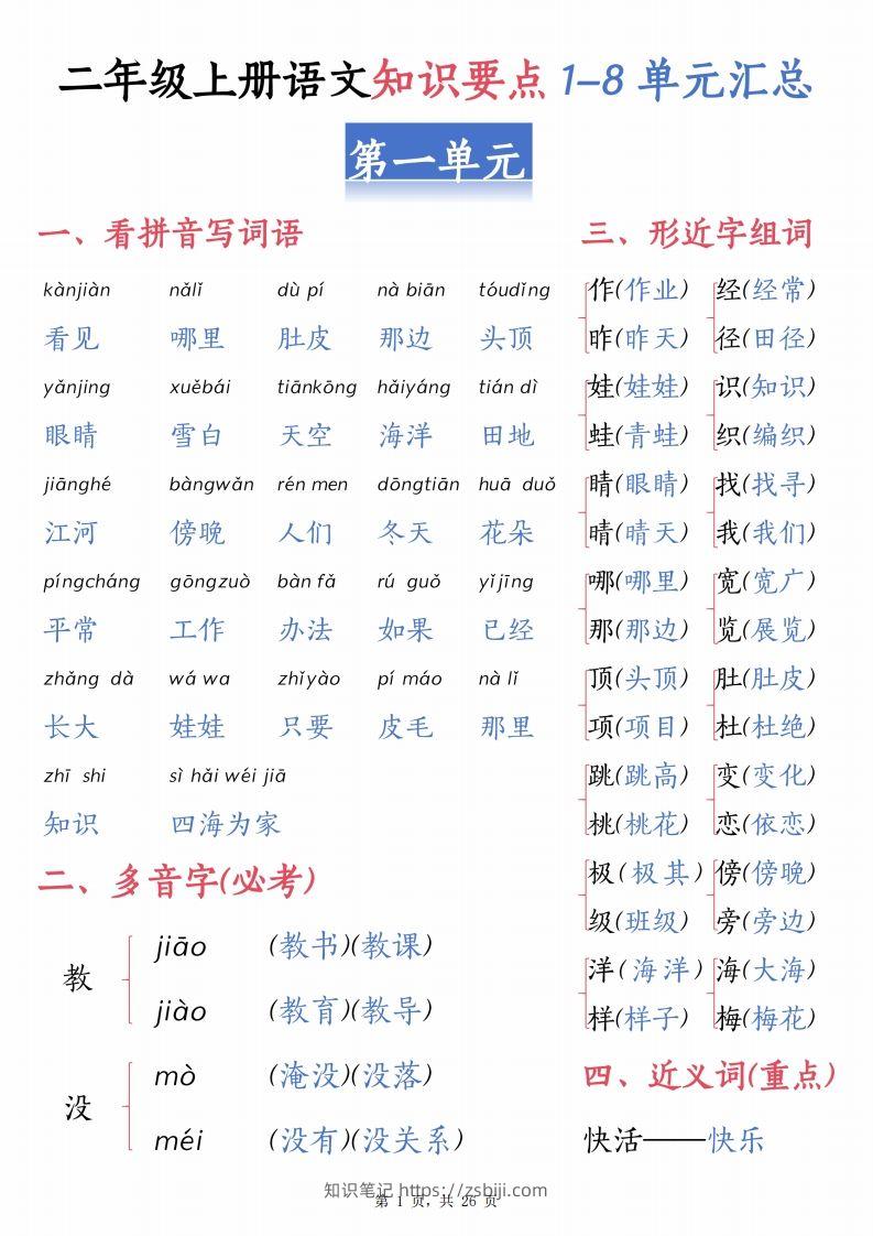 【1-8单元汇总知识要点（26页）】二上语文-知识笔记
