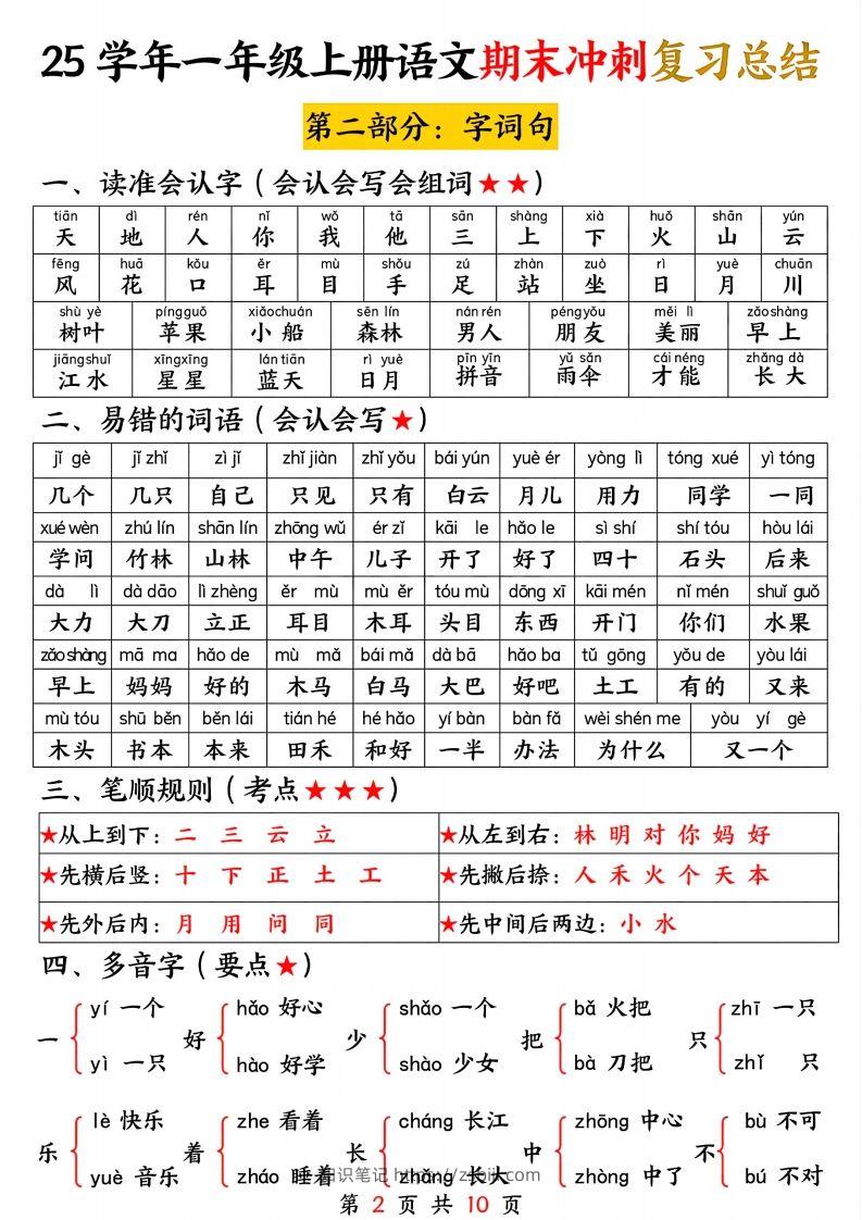 图片[2]-【25学年-期末冲刺复习总结（五大部分）10页】一上语文-知识笔记