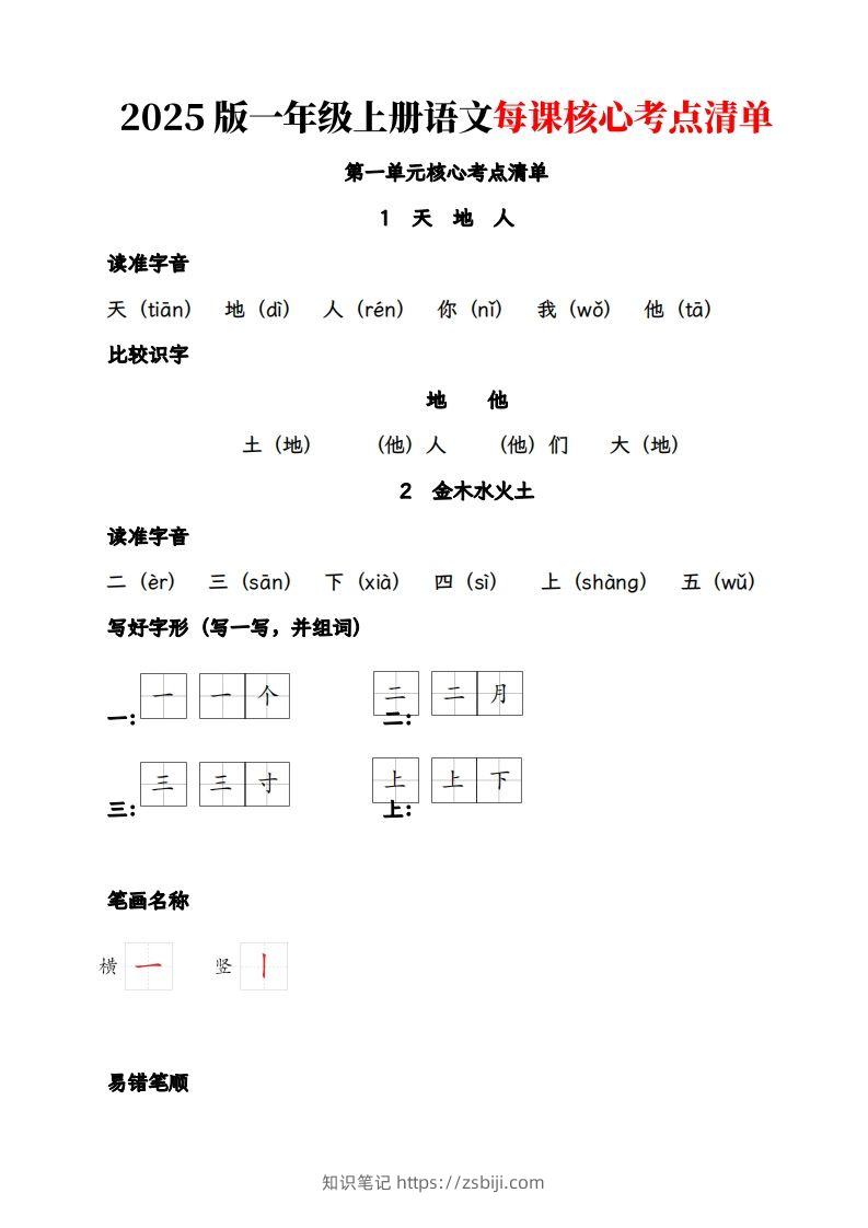 【2025版-每课核心考点清单】一上语文-知识笔记