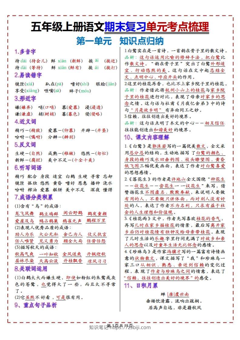 【期末复习1-8单元考点梳理】五上语文-知识笔记