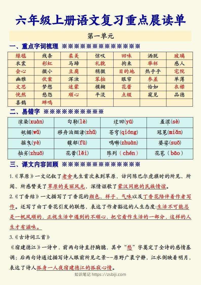 【期末复习重点晨读单】六上语文-知识笔记