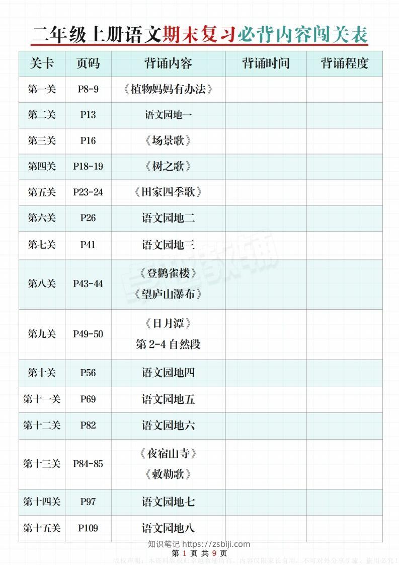 【期末复习必背内容闯关表】二上语文-知识笔记