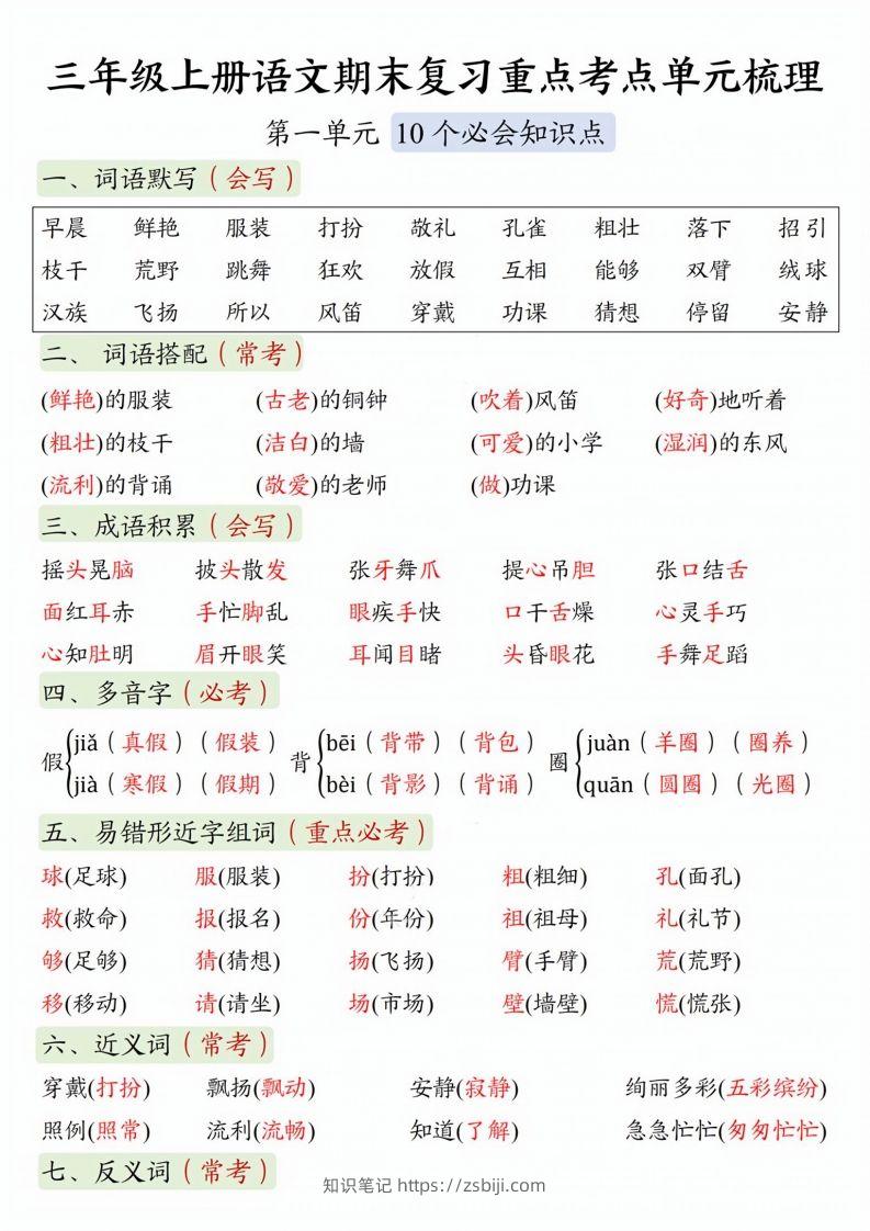 【期末复习1-8单元重点考点单元梳理】三上语文-知识笔记