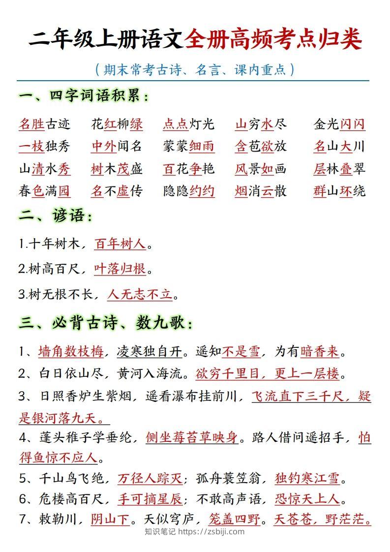 【全册重点高频考点归类汇总】二上语文-知识笔记
