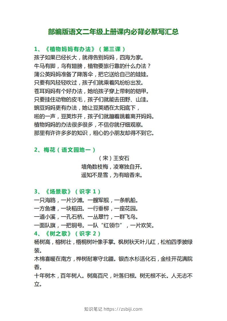 二年级语文上册必背课文内容、古诗、日积月累-知识笔记