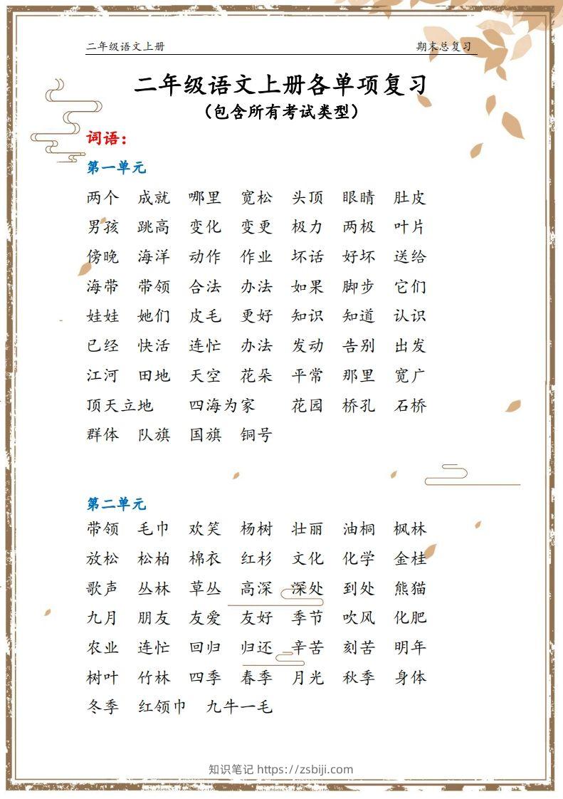 二年级语文上册【总复习】-知识笔记