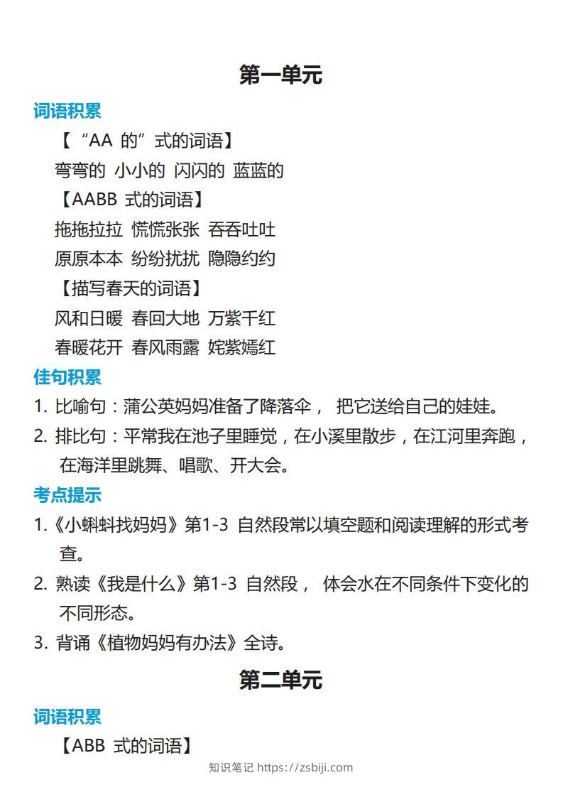 二年级语文上册词语佳句考点积累-知识笔记