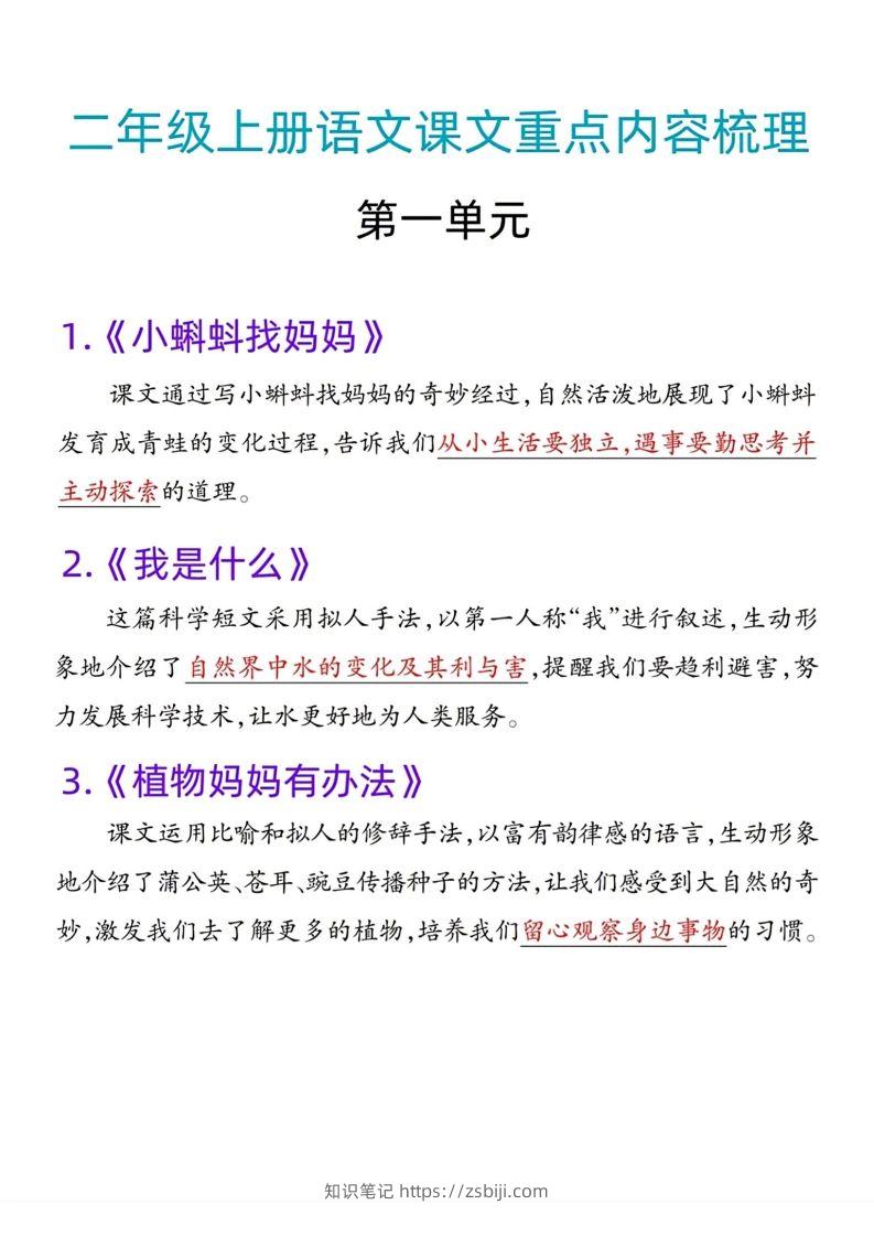 二年级语文上册课文重点内容梳理-知识笔记
