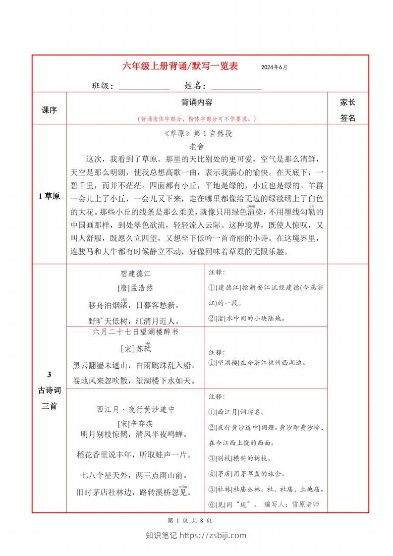 六上语文背诵默写一览表-知识笔记