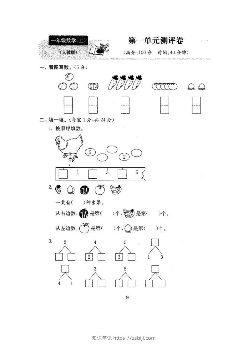 一上人教版数学【2024秋-第一单元测试卷7】-知识笔记
