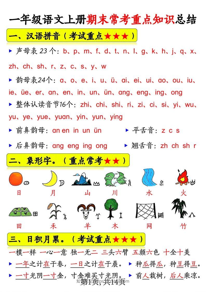 一年级语文上册期末常考重点知识总结-知识笔记