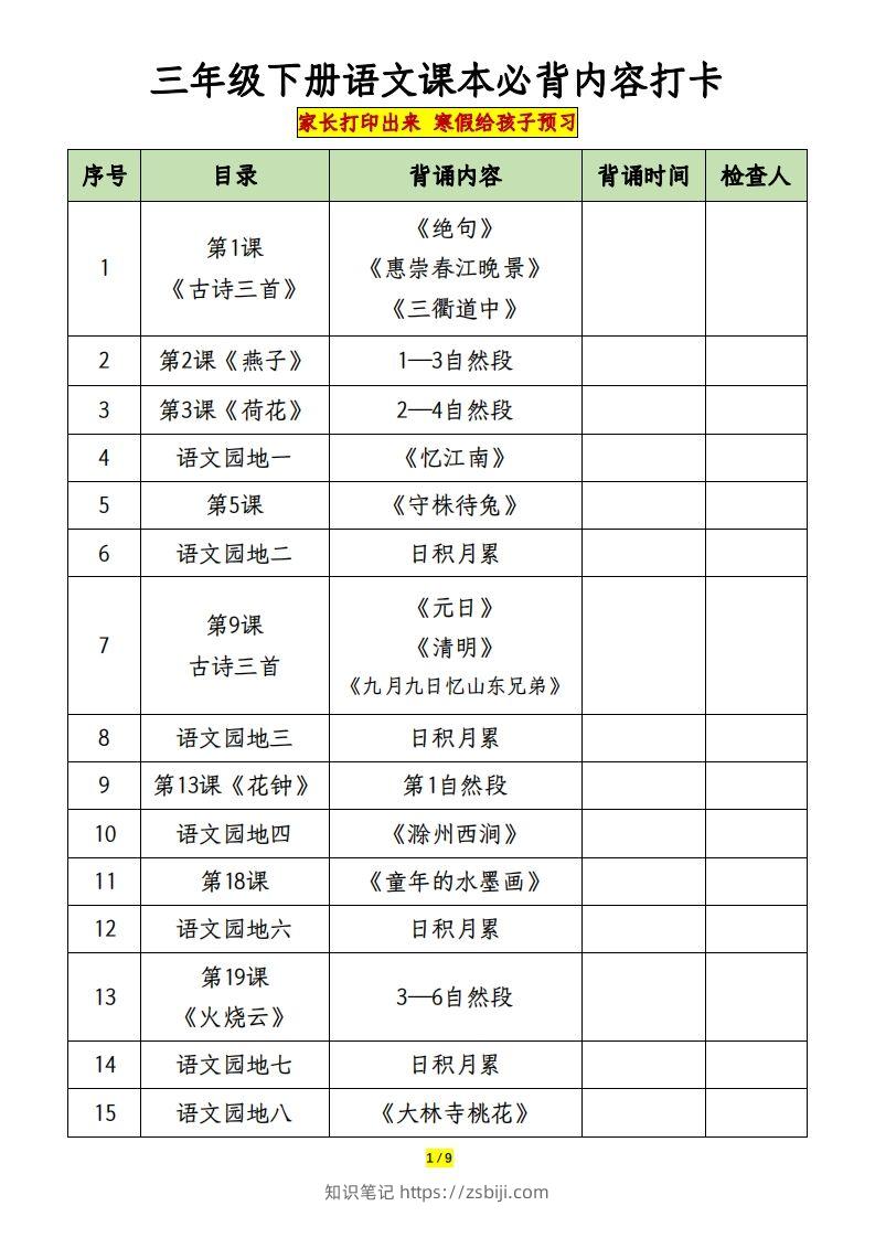 三下语文课本必背内容打卡-知识笔记