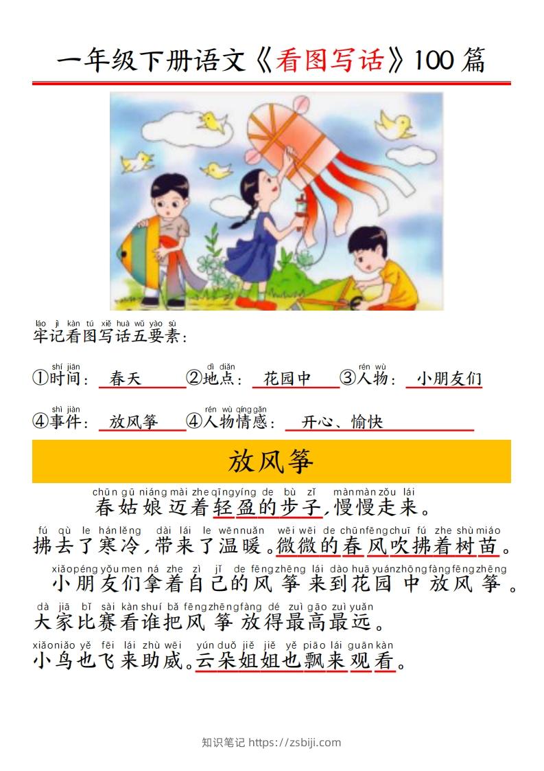 一年级下册语文看图写话五要素训练拼音版精选100篇-知识笔记