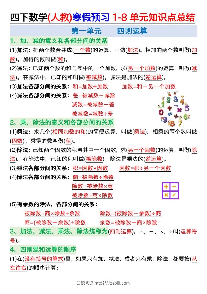 四下数学(人教)寒假预习1-8单元知识点总结（14页）-知识笔记