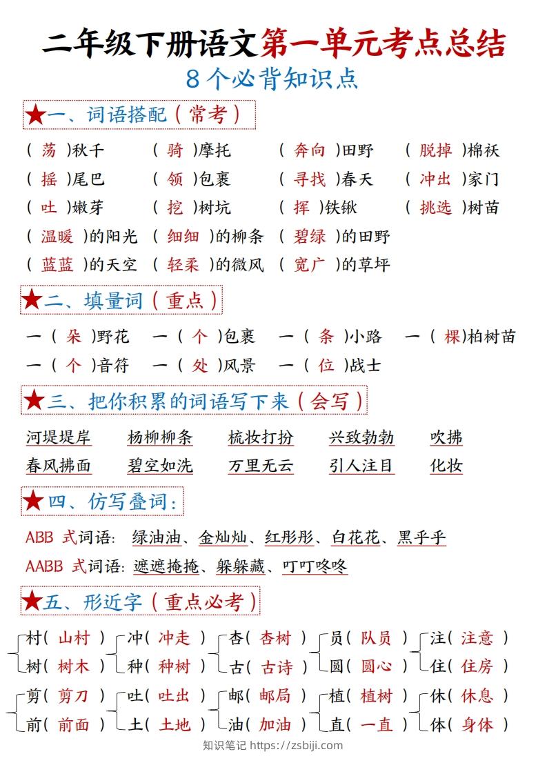 二下语文1-8单元【考点总结】（8个必背知识点+练习）42页-知识笔记