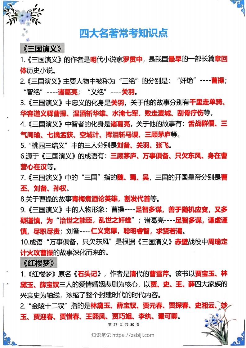 五年级下册语文四大名著常考知识点-知识笔记