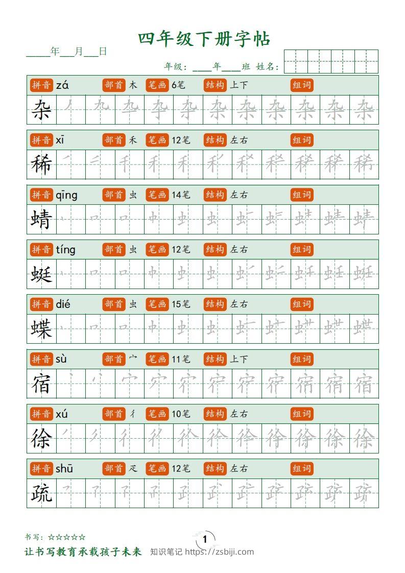 四下语文写字表字帖笔顺32页-知识笔记