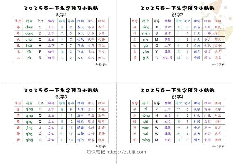 25一下语文生字【预习】小贴贴-知识笔记