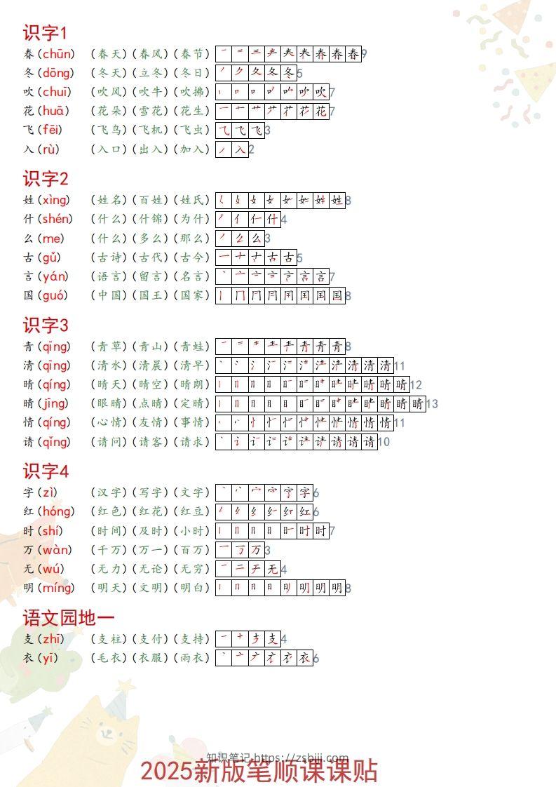 2025春一年级语文新版笔顺课课贴-知识笔记