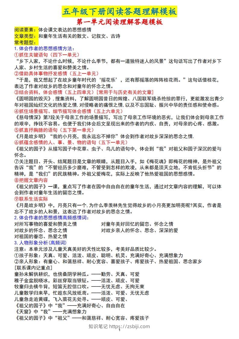 【阅读理解答题模板】五下语文(1)-知识笔记