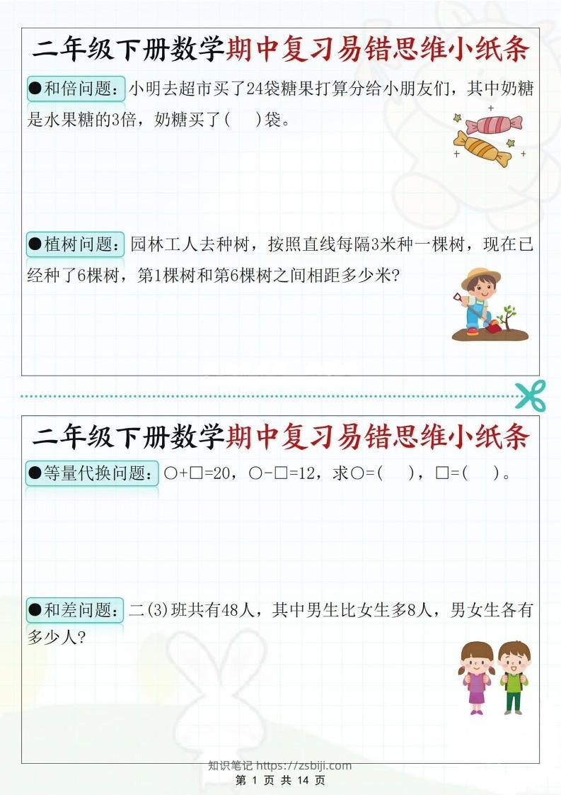 二下数学期中复习易错思维小纸条（含答案14页）-知识笔记