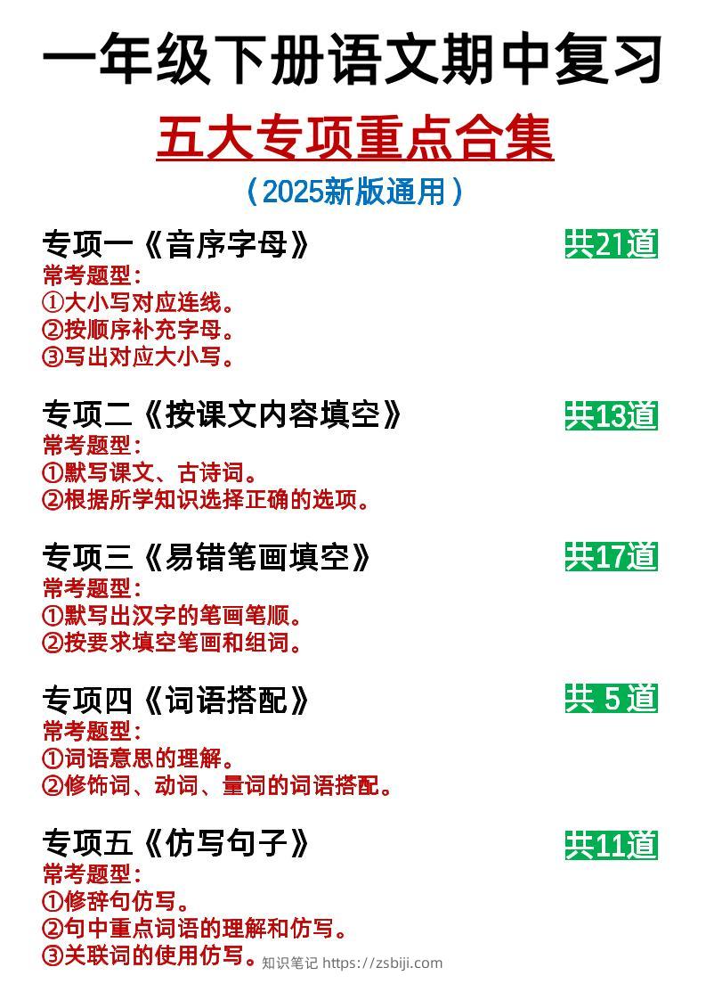 25新一下语文期中复习五大专项重点合集14页-知识笔记