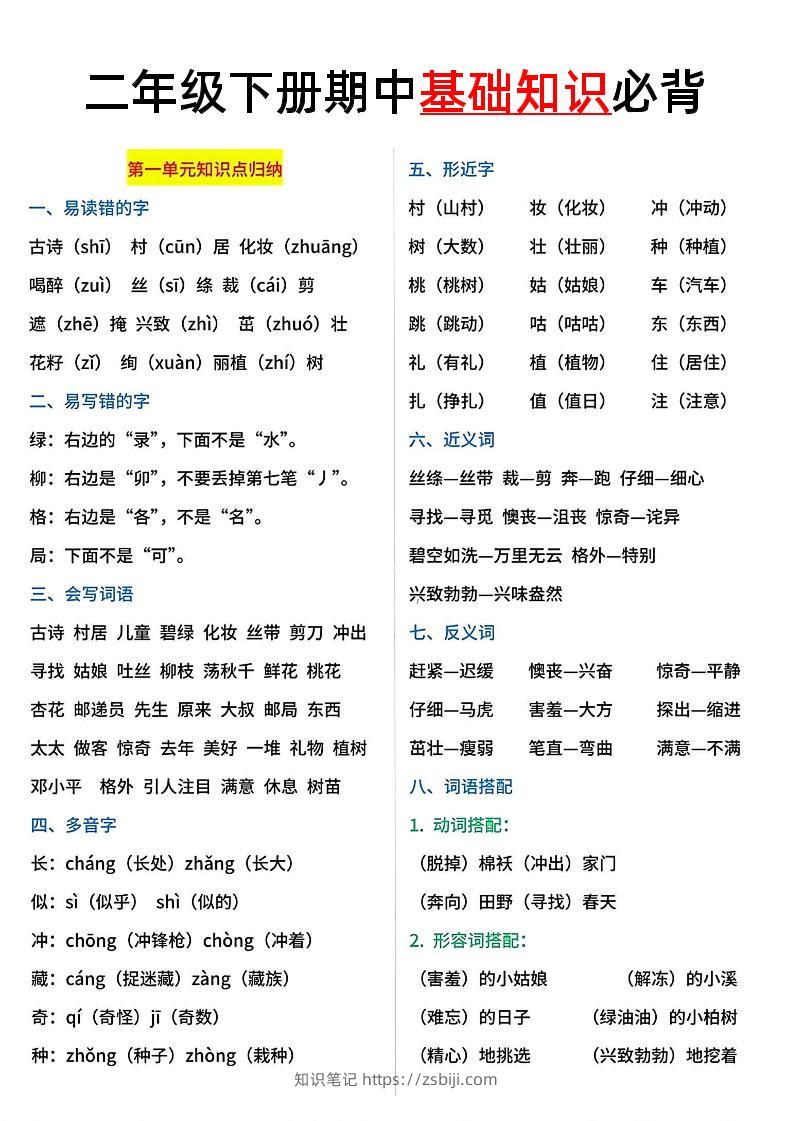 二年级语文下册期中基础知识必背5页-知识笔记