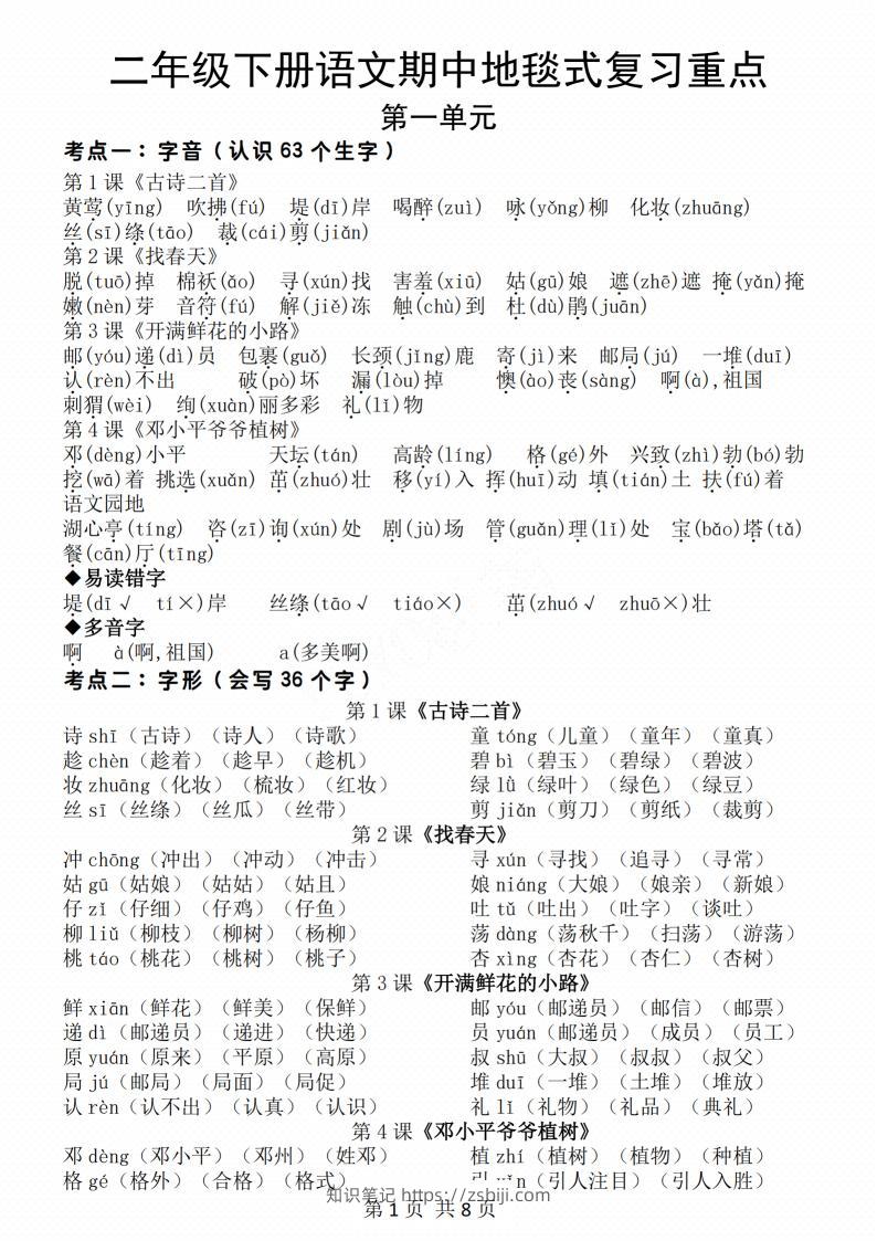 二年级下册语文期中地毯式复习重点8页-知识笔记