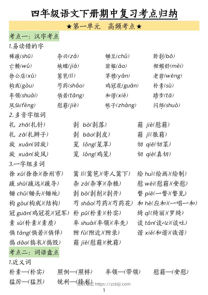 四下语文期中常考知识点汇总(4)-知识笔记