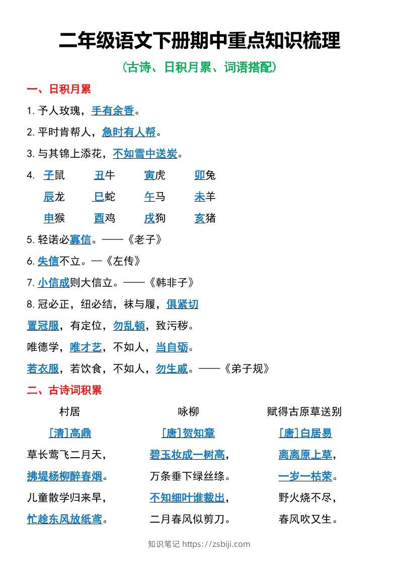 二年级语文下册期中重点知识梳理6页-知识笔记