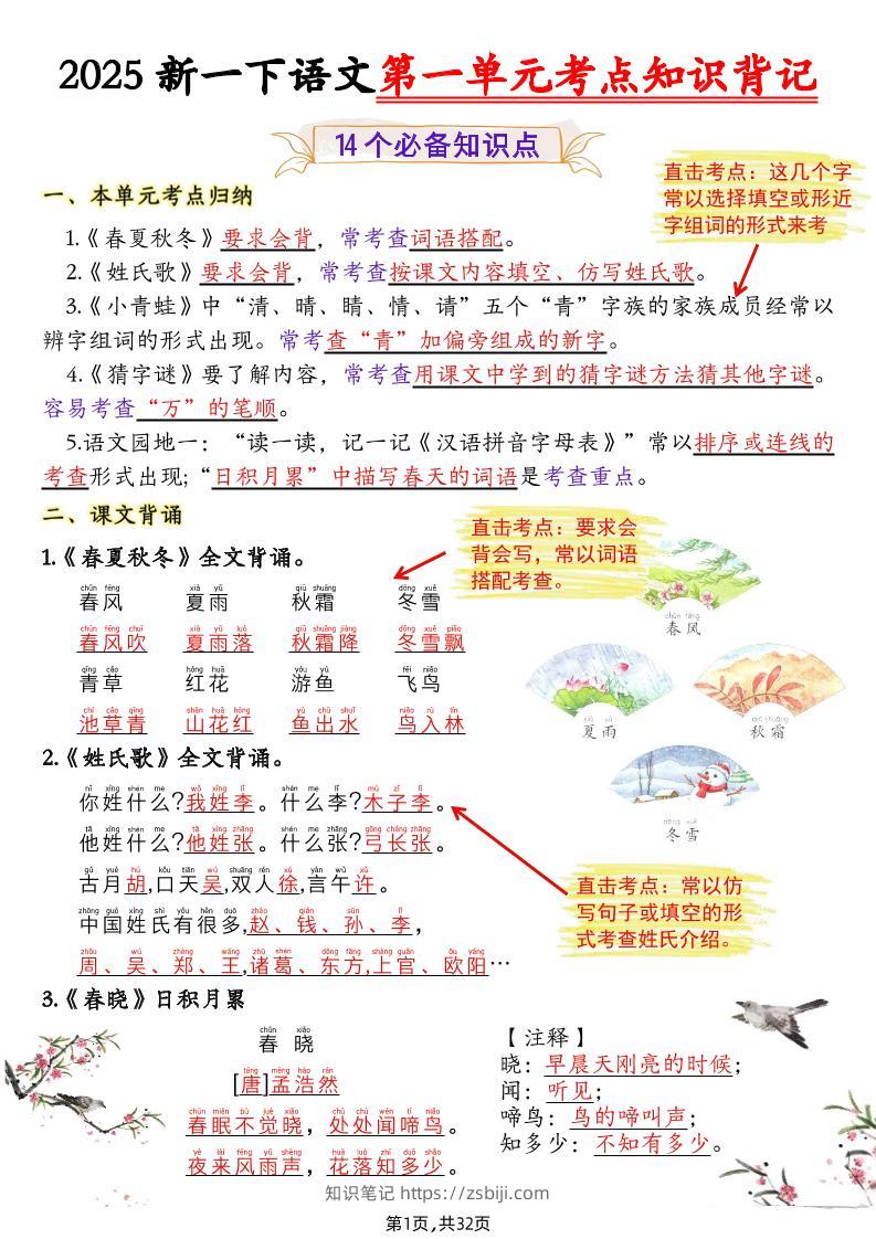 新一下语文1-8单元考点知识背记（32页）-知识笔记