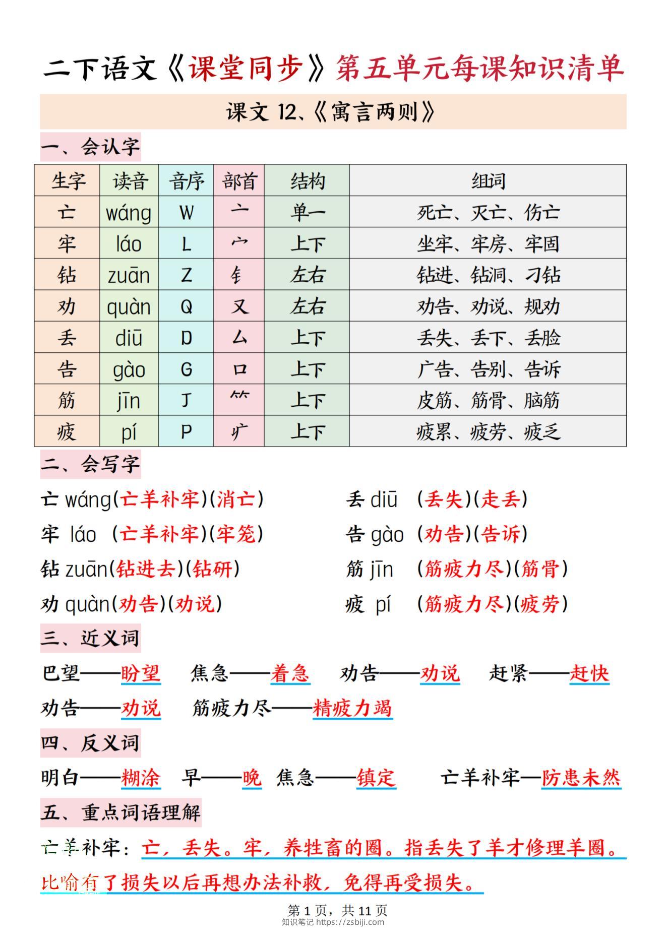 二下语文课堂同步第五单元每课知识清单11页-知识笔记