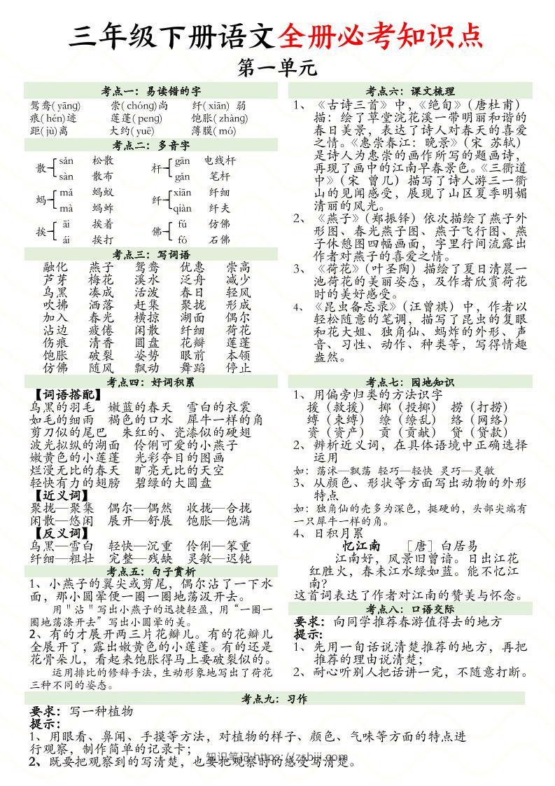 三下语文全册1-8单元必考知识点汇总（8页）-知识笔记