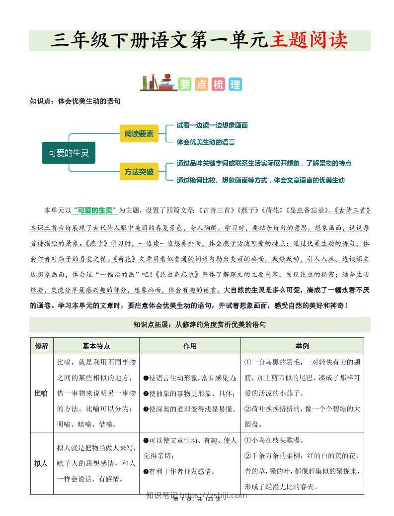 三下语文1-8单元《主题阅读》知识梳理+精选阅读理解（含答案126页）-知识笔记