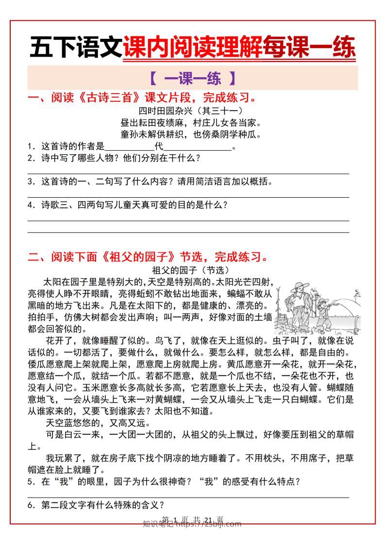 五下语文课内阅读理解一课一练21页-知识笔记