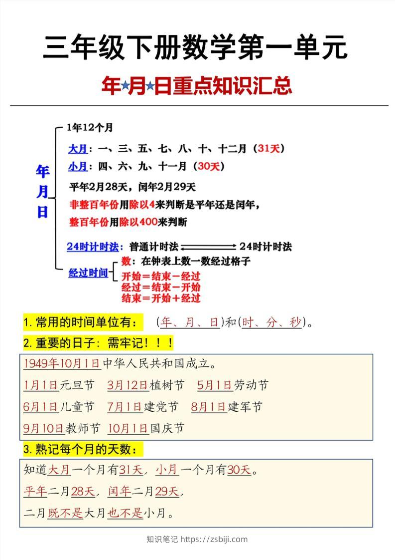 三年级下数学第6单元年月日重点知识汇总-知识笔记