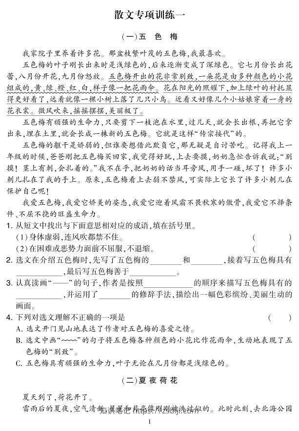 三下语文阅读集训专练（附答案）-知识笔记