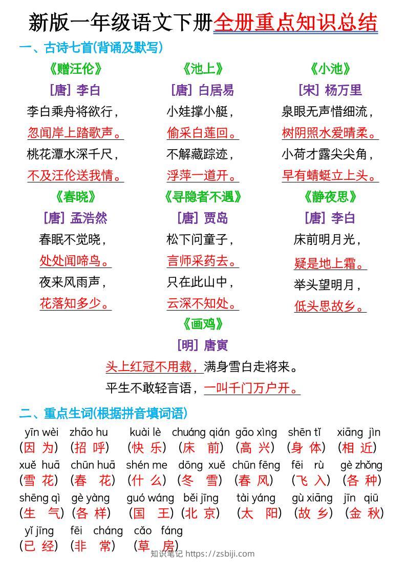 【知识点】新版一年级语文下册全册重点知识总结-7页-知识笔记