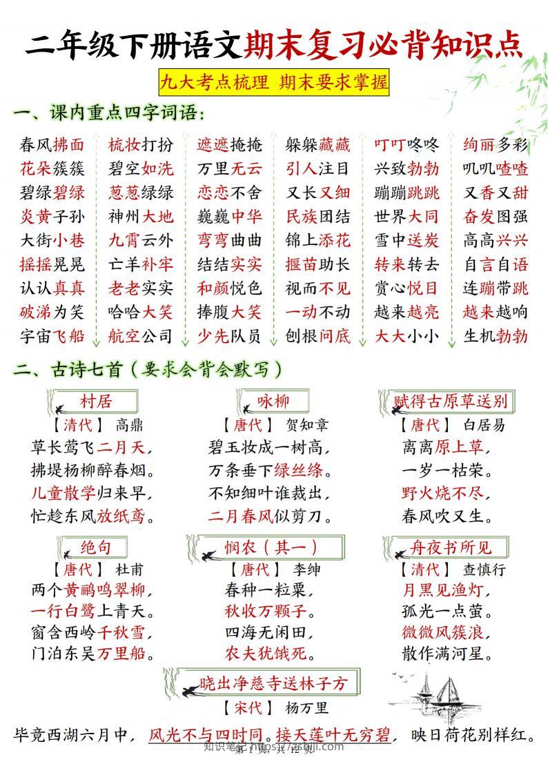 二下语文期末复习必背知识点九大考点梳理12页-知识笔记
