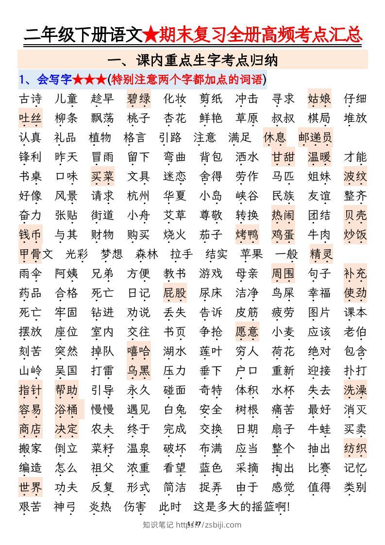 二下语文期末复习全册高频考点必考知识点汇总（27页）-知识笔记