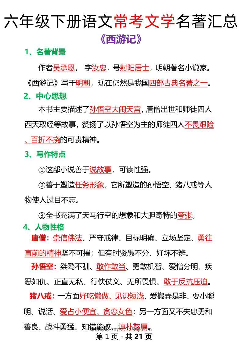 语文六年级下册常考文学名著汇总-知识笔记