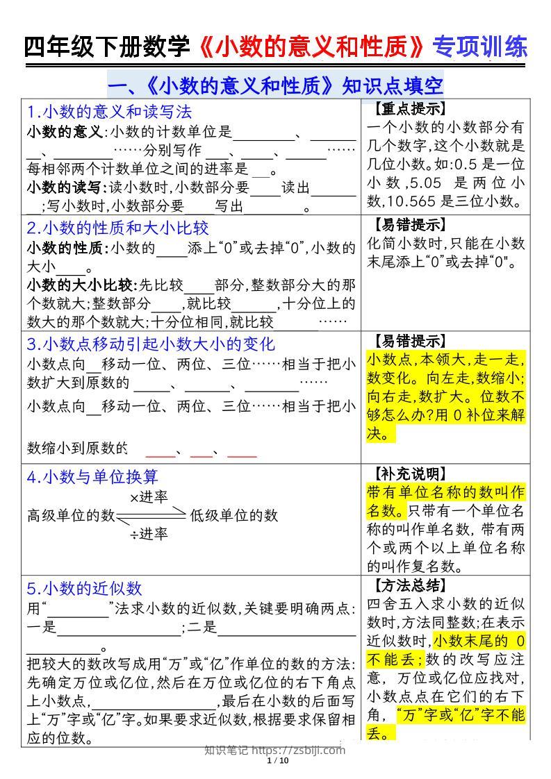 四下数学【小数的意义（空白）】-知识笔记