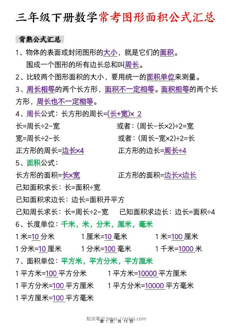 三年级下数学面积公式汇总+面积十大考点专项练习-知识笔记