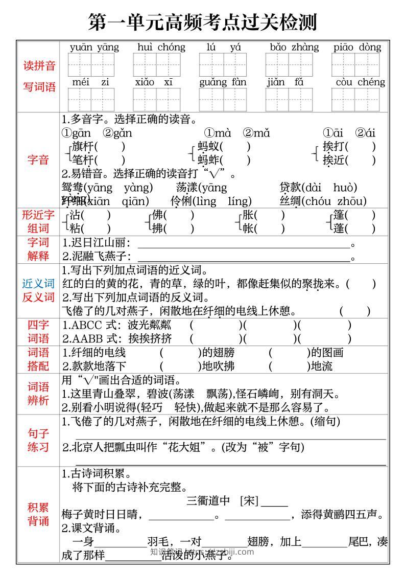 三年级下语文1-8单元高频考点过关检测-知识笔记