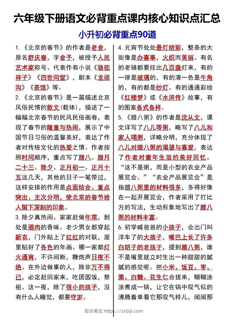 《语文必背重点课内核心知识点汇总小升初必背重点90道》-知识笔记