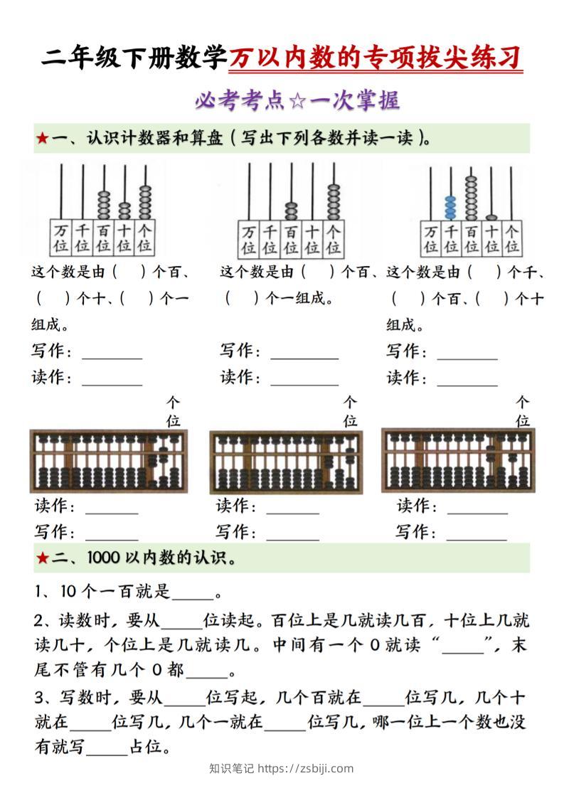 二年级下册数学万以内数的专项拔尖练习-（-知识笔记