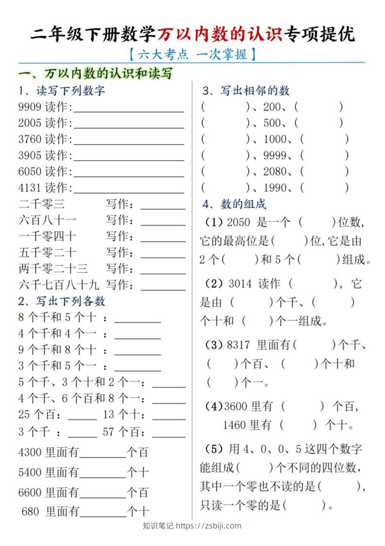 二下数学【万以内数的认识专项提优】-知识笔记