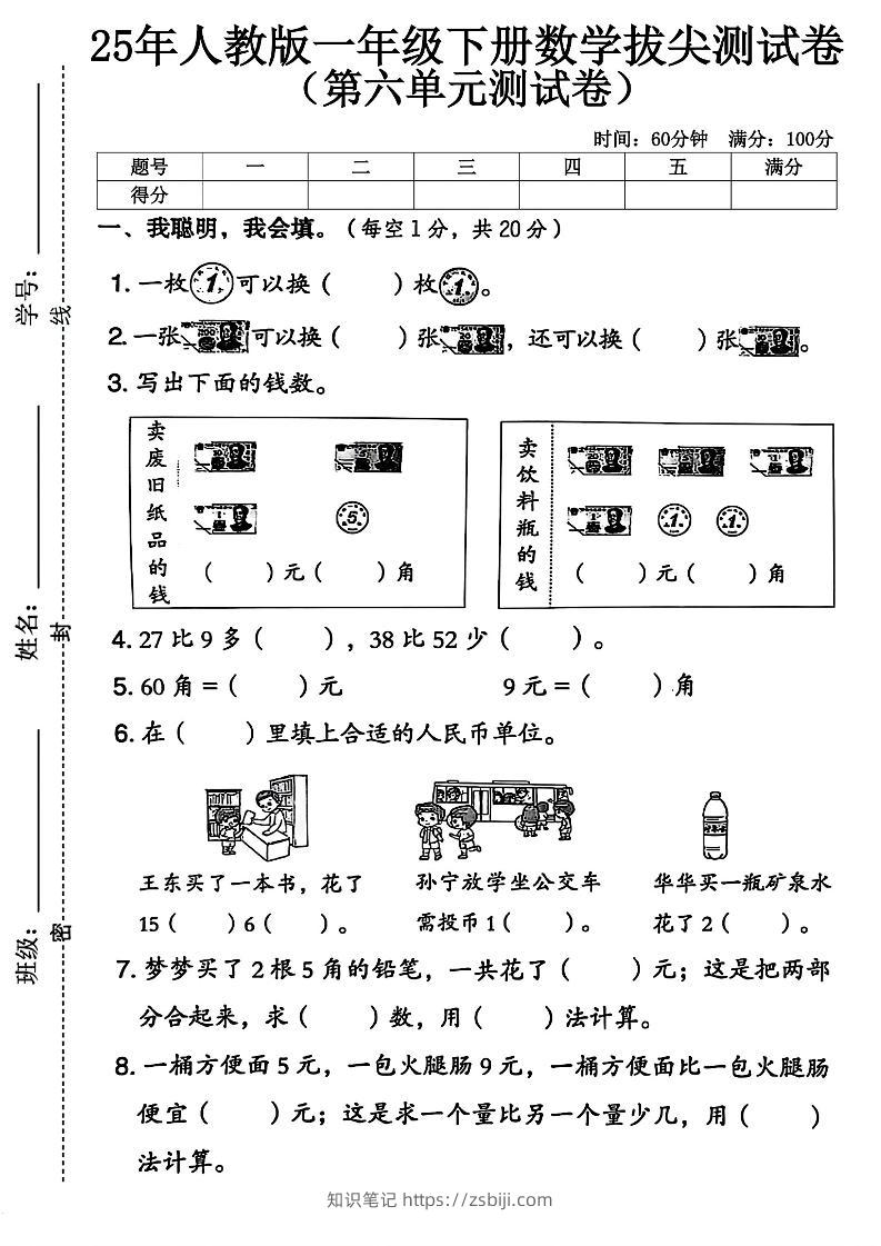人教版一下数学第六单元拔尖测试卷-知识笔记