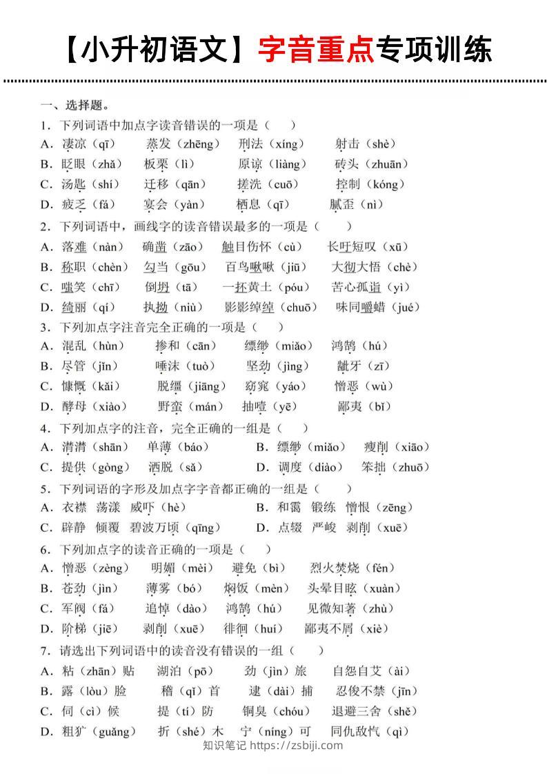 《小升初语文字音重点专项训练》-知识笔记